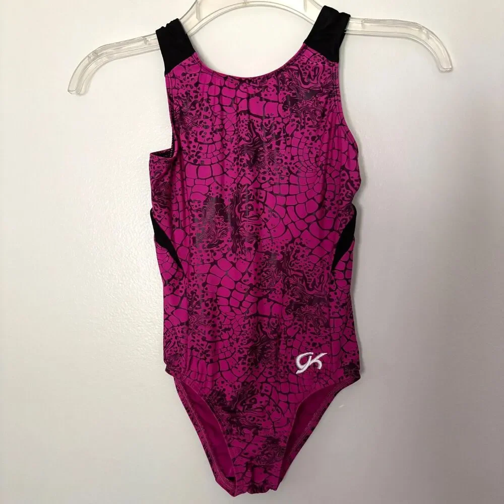 GK Elite Gymnastics Leotard Child Large CL Pink Black Foil Print Athletic  #16